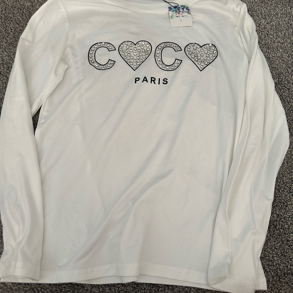 White Long Sleeve Top with Rhinestones
